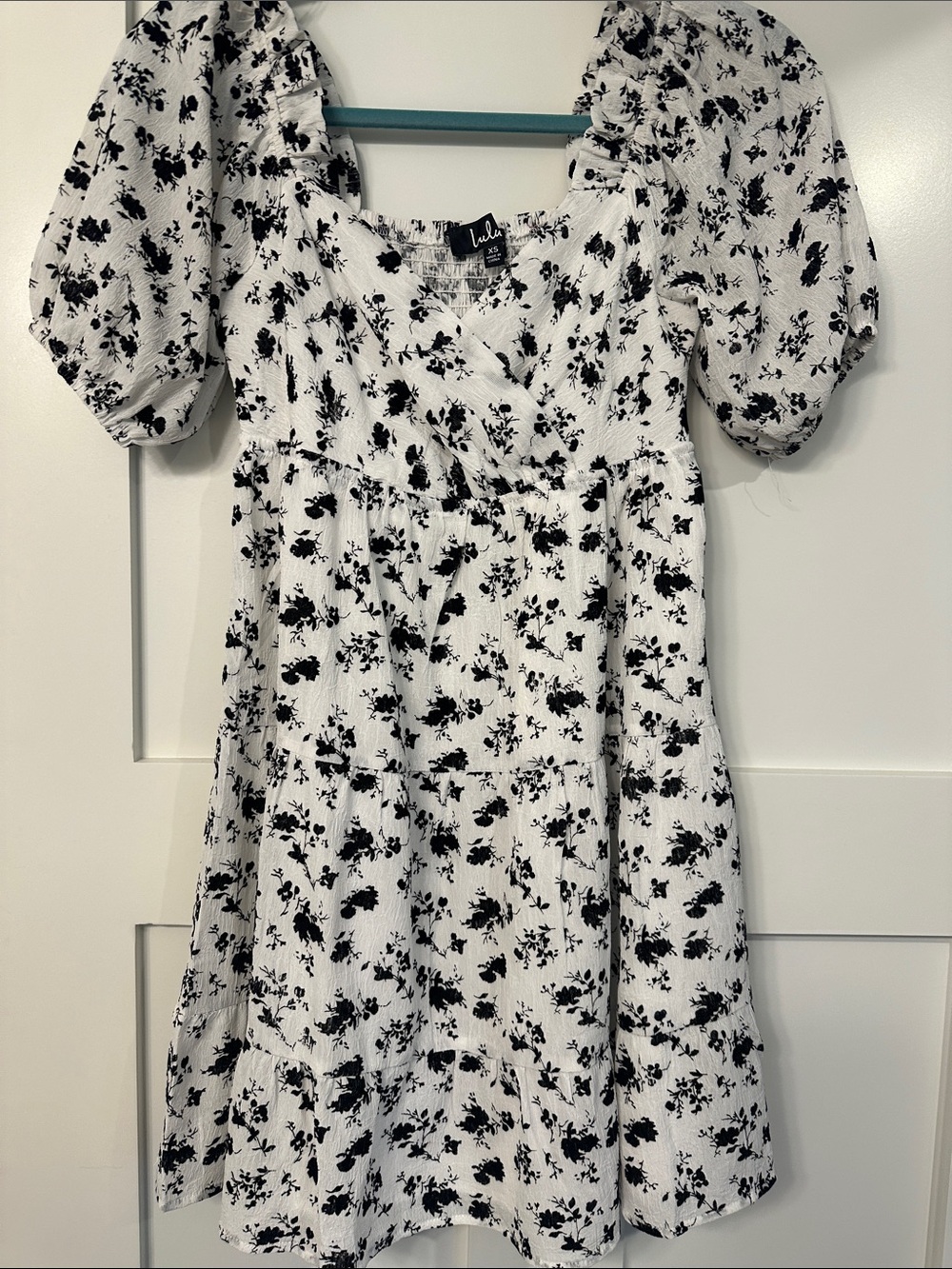 Lulu's White Dress with Black Floral Print smocked in the back NWOT